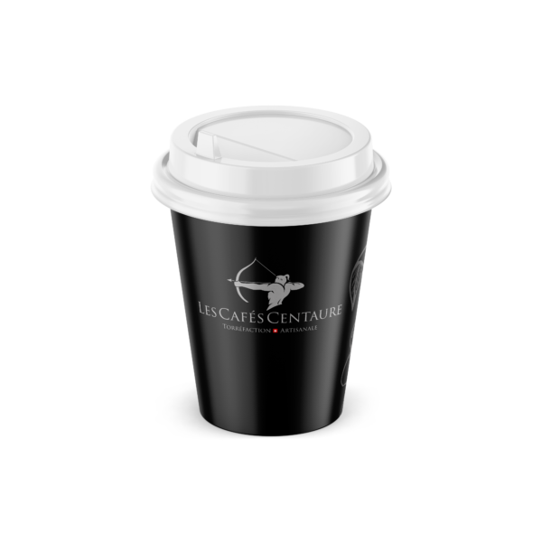 gobelet à café noir avec le logo les cafés centaure 2023